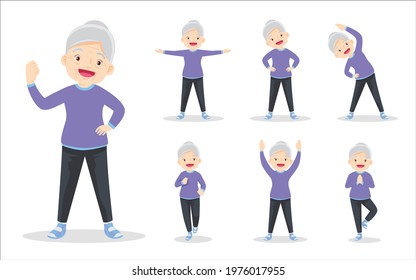 bundle set of elderly woman on exercise various actions. grandmother are various actions to move the body healthy