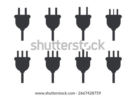 Bundle set of electric plug icons, featuring multiple types including Europe, Asia, US, UK, and international standards for universal power connection illustrations.