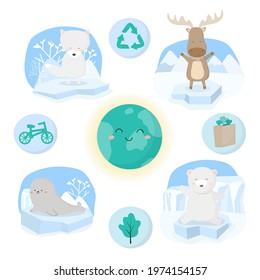 Bundle set of environmental nature design elements with animal.drawing in cartoon charactor, Isolated vector illustration