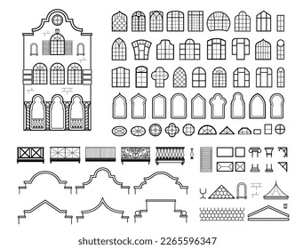 Bundle with a set of facade elements of a classical building. Vector graphics with transparent background