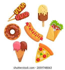 Bundle Set of fast food or junk food, Yummy and easy to eats with Sandwiches, Burgers, Donuts, Drinks vector illustration