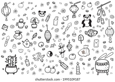 Bundle Set Feng Shui Symbols: lantern paper, drum, candle, bamboo, gold fish etc, Illustration for coloring. Traditional Chinese New Year