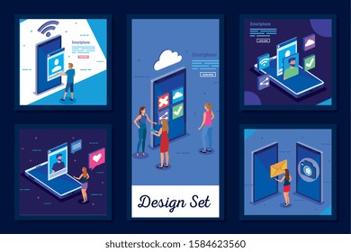 bundle with set five designs of people and social media icons vector illustration design