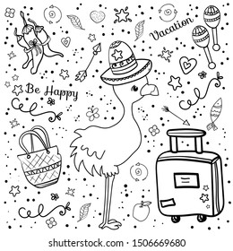 Bundle set with Flamingo with sombrero and decorative elements: beach bag, suitcase, maracas, hot pepper bunch. Illustration in cartoon style, Coloring Page or Book with Doodle for Kids and Adults