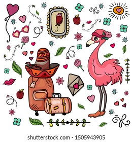 Bundle set with Flamingo wearing a sombrero. Travelling to Mexico. Item: apple, rose, envelope, glasses sombrero hat and luggage. Doodle Mexican in cartoon style