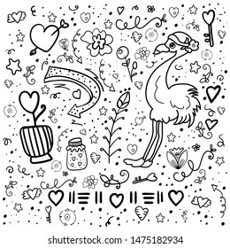 Bundle set with Flamingos and decorative elements: key, heart, arrow, flowers, curls. Coloring Page or Book with Doodle for Kids and Adults illustration in cartoon style