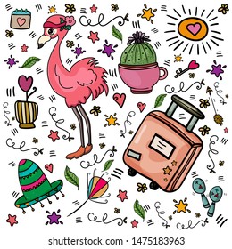 Bundle set with Flamingos and decorative elements: key, heart, arrow, flowers, curls. Illustration in cartoon style