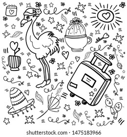 Bundle set with Flamingos and decorative elements: key, heart, arrow, flowers, curls. Coloring Page or Book with Doodle for Kids and Adults illustration in cartoon style