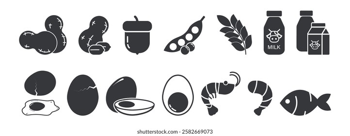 Bundle set of food allergy icons including tree nuts, egg, seafood, peanuts, wheat, gluten, milk, and peas