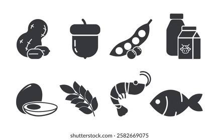 Bundle set of food allergy icons including tree nuts, egg, seafood, peanuts, wheat, gluten, milk, and peas