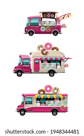 Conjunto de paquetes de food truck con tienda de aperitivos Donut con pancarta y modelo sobre el coche, diseño de planos ilustración vectorial plana sobre fondo blanco