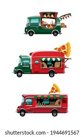 Bundle set of The food truck side view with Pizza counter, Pizza banner and model on top of car, on white background, vector illustration