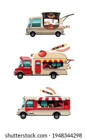 Bundle set of The food truck side view with barbecue counter, Bar-B-Q banner and model on top of car, on white background, vector illustration