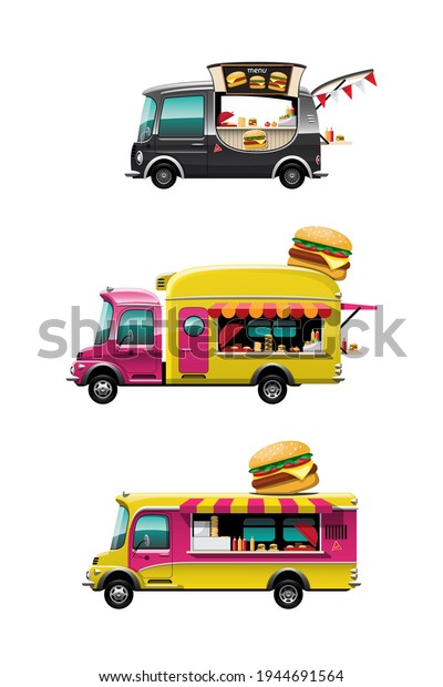 Bundle set of The food truck side view with\
hamburger counter, burger banner and model on top of car, on white\
background, vector\
illustration