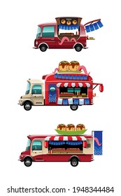 Bundle set of Food truck with Takoyaki shop Japanese snack with banner and model on top of car, drawing design style flat vector illustration on white background