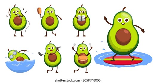 Conjunto de frutas en caricatura Carácter mascota, aguacate cutáneo en actividad y equipo de diferencia, Ilustración vectorial de diseño plano