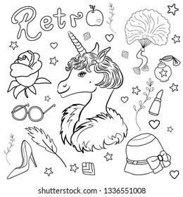 Bundle Set with a fur collar and trendy retro things: a hat with a bow, shoes, sunglasses, lipstick, a fur fan and a rose. Collection in cartoon style, Coloring Page or Book for Kids and Adults