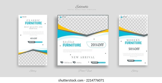 bundle set of furniture sale social media post and story web banner design template for ads promotion vector.