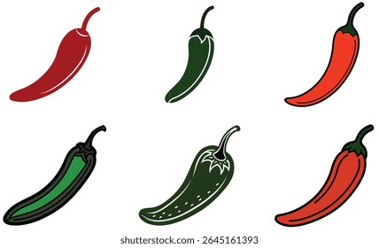 Bundle set of green chili pepper and red chili  pepper vector icon on white background