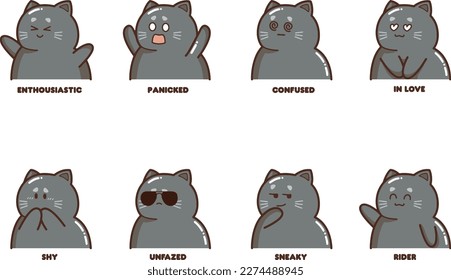 Bundle - Set of grey cat cartoon style - facial expressions and emotions - vector illustration in a cute - kawaii style