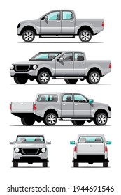 Bundle set of grey color pickup truck, Side, front, back view.on white background