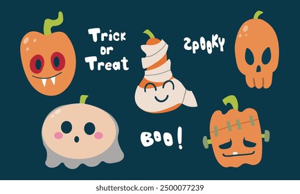 Bundle Set Halloween Pumpkins and Ghost, skeleton , Frankenstein ,vampire ,mummy Vector Clip Art Illustration with Holiday Symbols ,and lettering spooky , boo and trick or tread .