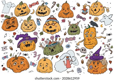 Bundle Set Halloween Pumpkins and Gosts, and candy. Vector Clip Art Illustration with Holiday Symbols