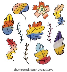 Bundle set of hand drawn style leaves vector illustrations with watercolor 
