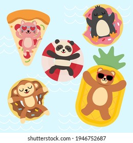 Bundle set of happy animals relax on summer holidays in swimming pool, cartoon character drawing design style flat vector illustration