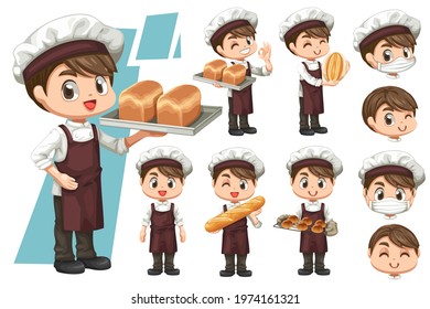 Bundle set of happy young baker man wears his uniform, apron and hat with a variety of breads in cartoon character, vector illustration