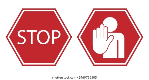 Bundle set hexagon do not enter, prohibition with stop palm hand gesture in red isolated sign