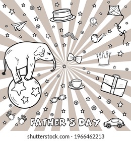 Bundle Set Holiday elements with Happy Father's Day: circus elephant on the blue ball, hat, smoking pipe, paper plane, kite, gold crown etc. Kid Cartoon Coloring Page or Book for Kids and Adults