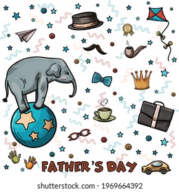 Bundle Set Holiday elements with Happy Father's Day: circus elephant on the blue ball, hat, smoking pipe, paper plane, kite, gold crown etc. Kid Cartoon Hand Drawn Vector Illustration