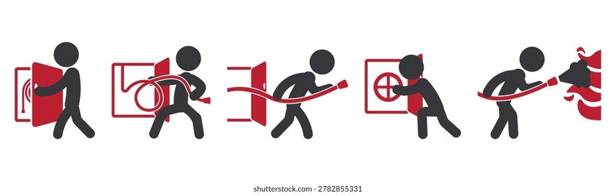 bundle set hydrant icon showing step by step emergency fire hose operation procedure for indoor firefighting response and building safety guidance