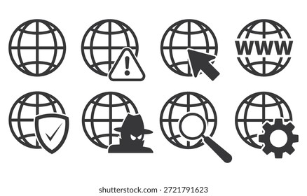 Paket-Set-Symbol Internet, Internet-Browser-Warnung, digitale Sicherheitsbewusstsein, Cyber-Sicherheitsrisiko, und Suche, Firewall.