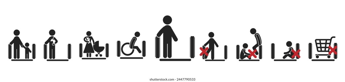 Bundle set icon for safety and security sign on an escalator, for mall, airport, indoor moving stairs label 