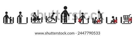 Bundle set icon for safety and security sign on an escalator, for mall, airport, indoor moving stairs label 