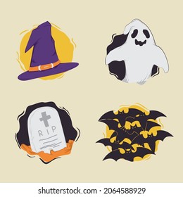 Bundle set illustration of bats, ghosts, tombstones and witch hats on halloween night