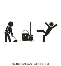 Paket-Set-Illustration schwarzes Piktogramm Symbol Moping-Fußboden mit Eimer, Wasser und Besen Vorlage Symbol für die Sicherheit Schilder Reinigung in Fortschritt, Hausmeister, rutschig, wenn nass, Vorsicht nassen Fußboden, Herfall Gefahr