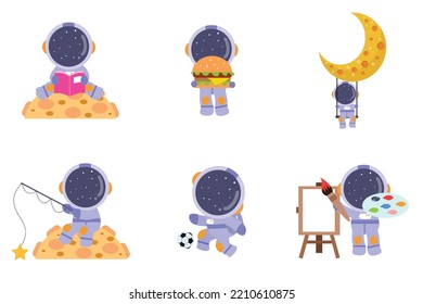 bundle set illustration vector graphic spaceman astronaut kids in various action. galaxy adventure  , flying rocket spaceship ufo