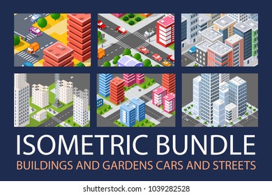 Bundle set infrastructure urban skyscrapers and houses with streets and cars isometric buildings crossroads road traffic cars.