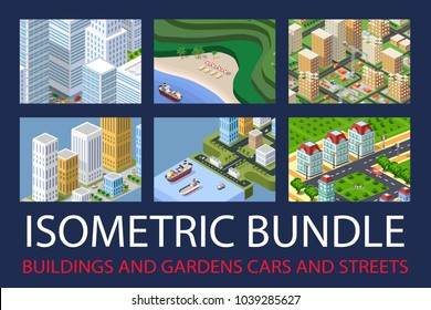 Bundle set infrastructure urban skyscrapers and houses with streets and cars isometric buildings crossroads road traffic cars.