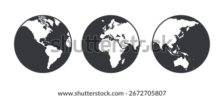 Bundle set isolated earth globe illustration, showing continents Africa, America, Asia, Europe, and Australia, symbolizing geography, global map, education, travel, environment.