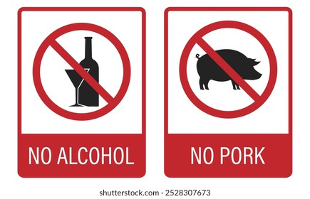 Bundle set isolated halal sign, no pork and no alcohol, healthy food and beverage label