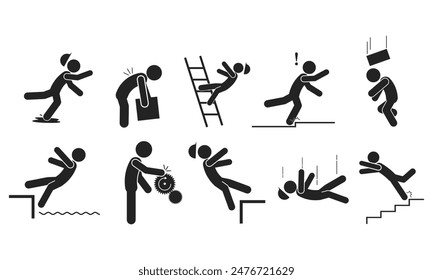 Bundle set isolated industrial accident injury pictogram, fall, trip, wet floor, worker above for caution sign