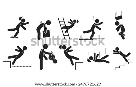 Bundle set isolated industrial accident injury pictogram, fall, trip, wet floor, worker above for caution sign
