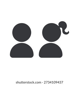 Conjunto de Paquetes pictogramas aislados de perfiles de usuario masculinos y femeninos con peinado de flequillo de cola de caballo, ideal para avatar e identidades gráficas.