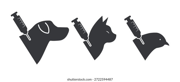 Bundle set of isolated pictogram silhouettes showing pet dog, cat, and bird with injection symbols, representing vaccination and animal healthcare.