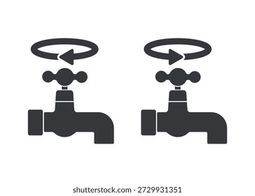 Paket-Set isoliertes Piktogramm von Wasserhahn mit Links- und Linksdrehpfeilen, die Ventilsteuerung, Wasserflussrichtung und Sanitäranweisung symbolisieren.