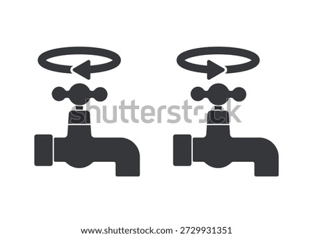Bundle set isolated pictogram of water faucet with clockwise and anticlockwise rotation arrows, symbolizing valve control, water flow direction, and plumbing instruction.